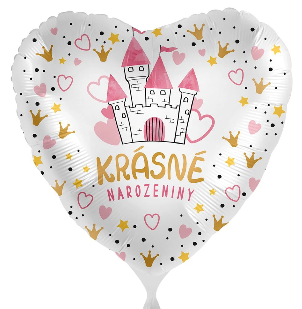 Foliový balonek srdce Krásné narozeniny princeznovský hrad 43 cm