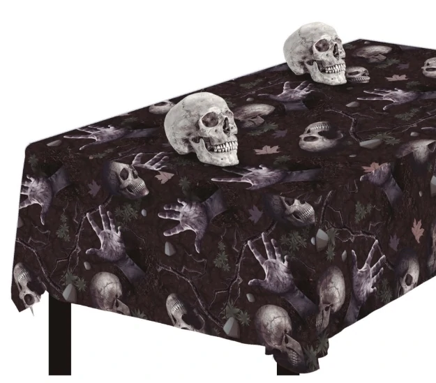 Halloweenský ubrus černý s lebkami - 173 x 274 cm